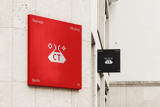 Red and black outdoor signage mockups on a building wall, featuring pixelated graphics, labeled 'Signage Mockup' for designers in Berlin.